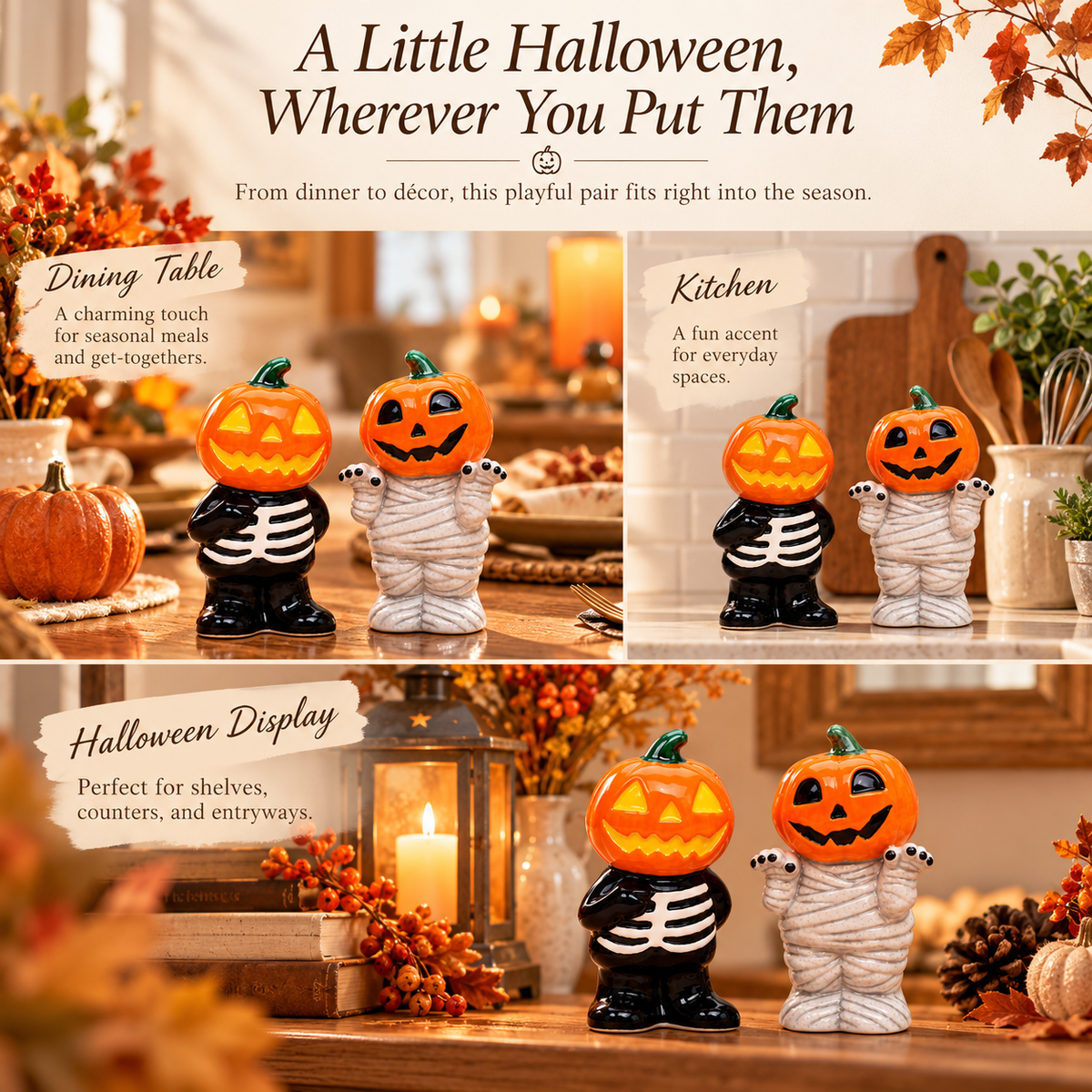 Ceramic Pumpkin Skeleton & Mummy Salt and Pepper Shakers | Halloween Kitchen Decor