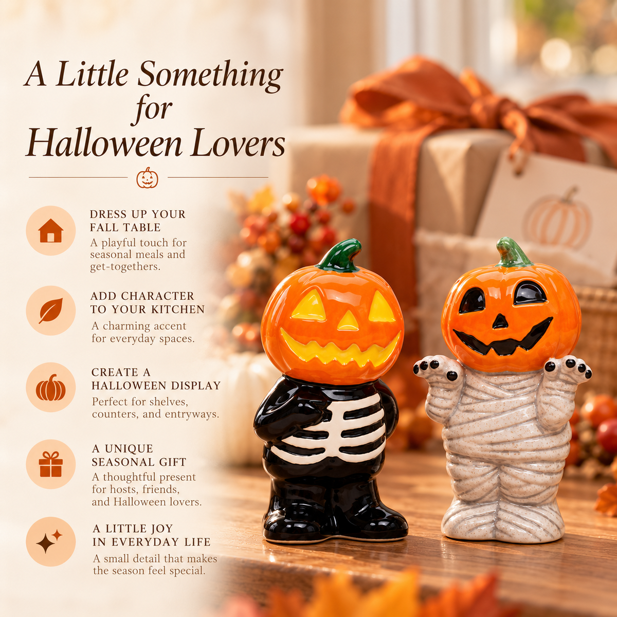 Ceramic Pumpkin Skeleton & Mummy Salt and Pepper Shakers | Halloween Kitchen Decor