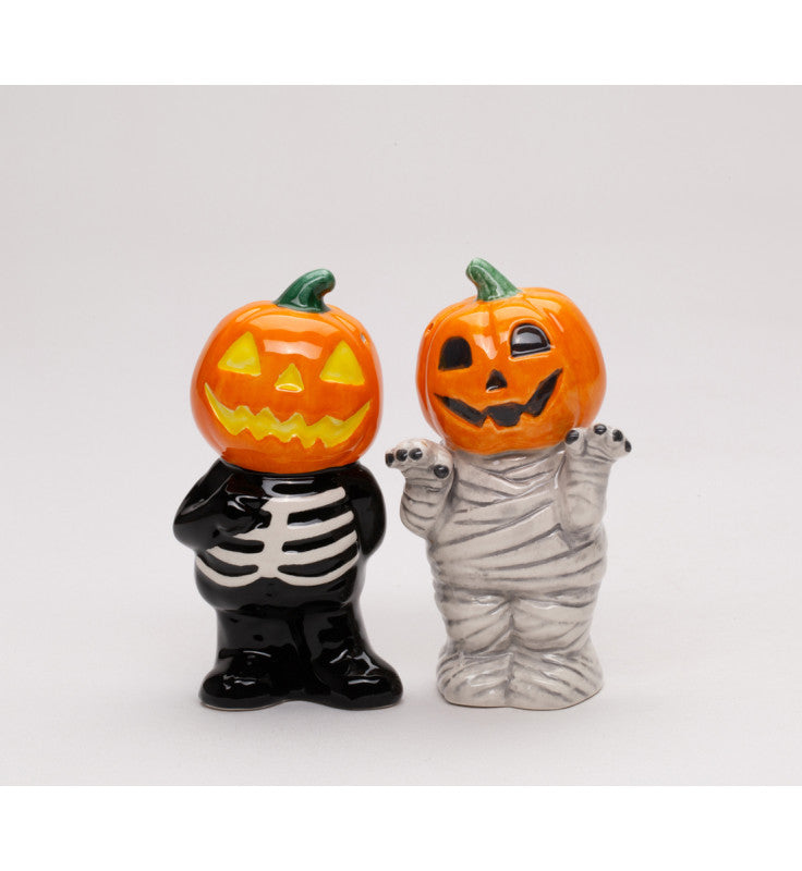 Ceramic Halloween Pumpkin Mummy and Skeleton Salt and Pepper Shakers, Spooky Halloween Decor, Fall Decor