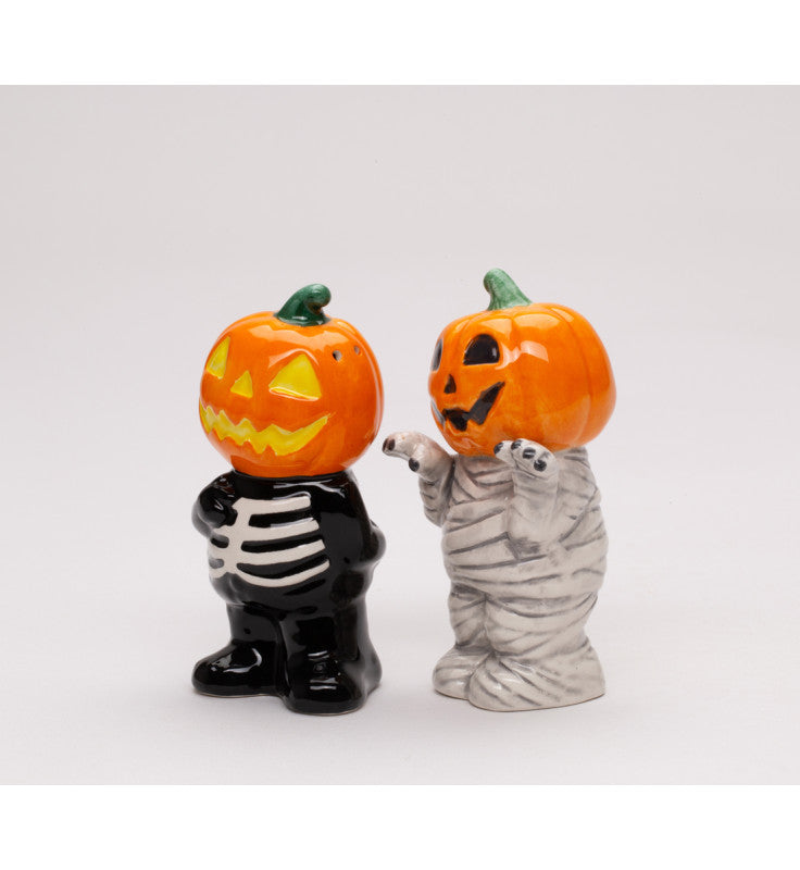 Ceramic Halloween Pumpkin Mummy and Skeleton Salt and Pepper Shakers, Spooky Halloween Decor, Fall Decor