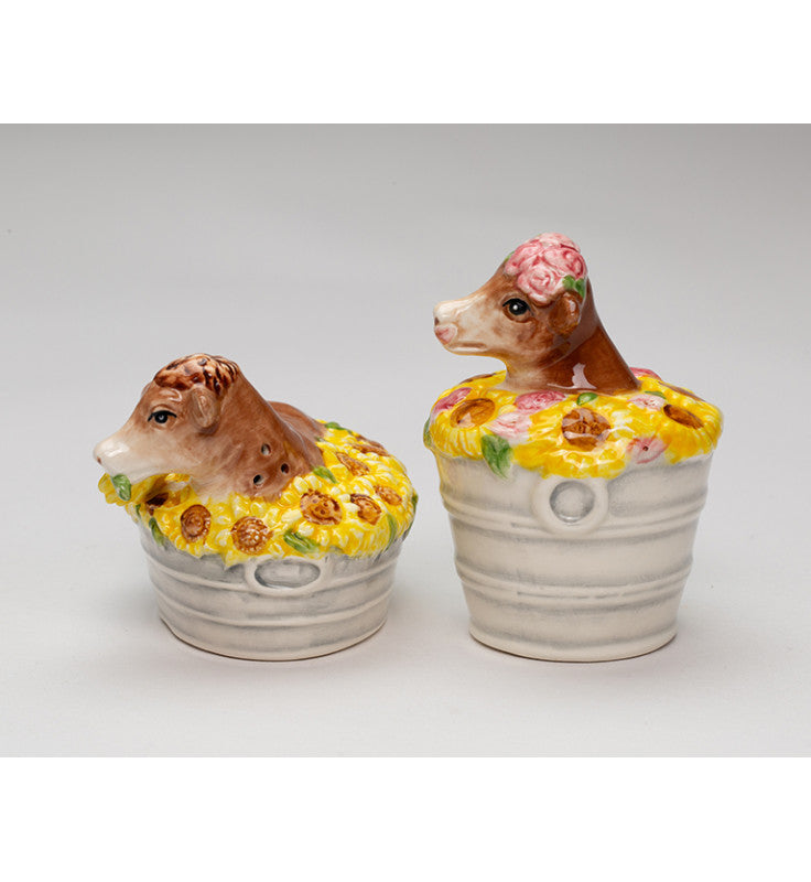 Ceramic Cow in Floral Bath Salt and Pepper Shakers
