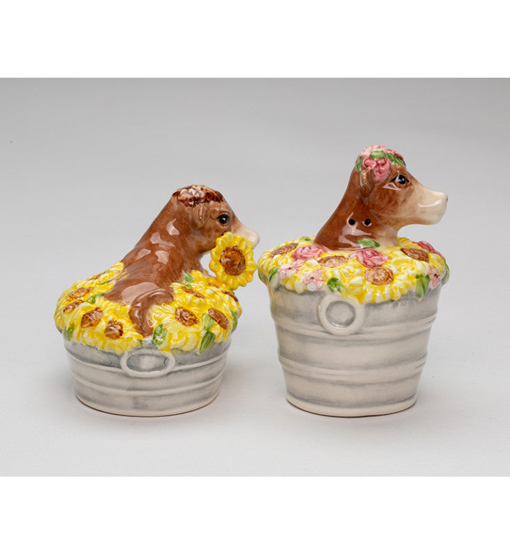 Ceramic Cow in Floral Bath Salt and Pepper Shakers