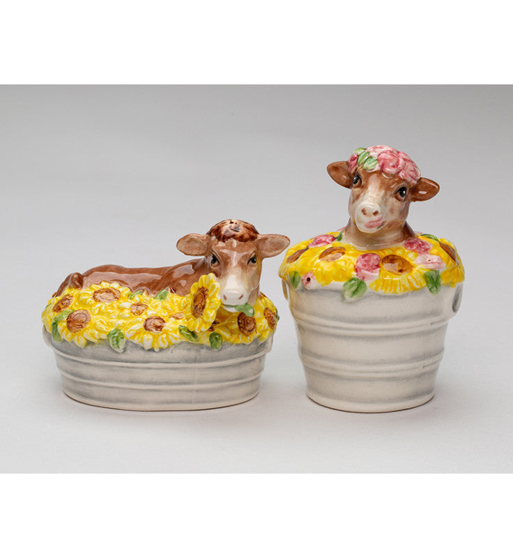 Ceramic Cow in Floral Bath Salt and Pepper Shakers