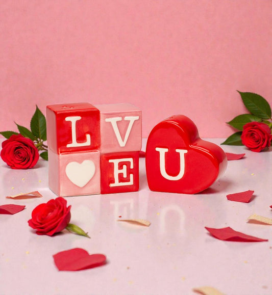Ceramic Love U Block Heart Salt and Pepper Shakers, Valentines Day Decor, Wedding Table Decor, Gift for Her