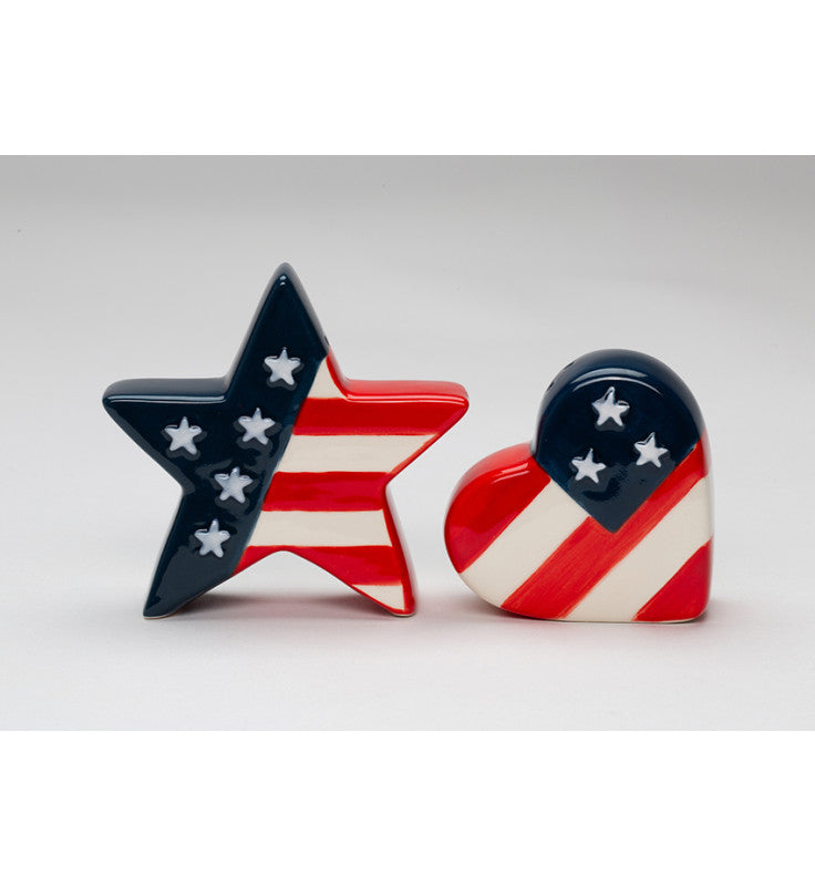Ceramic Patriotic Flag Salt and Pepper Shakers - Star & Heart Shaped, Gift for Veteran, Patriotic Gift, Independence Day Decor