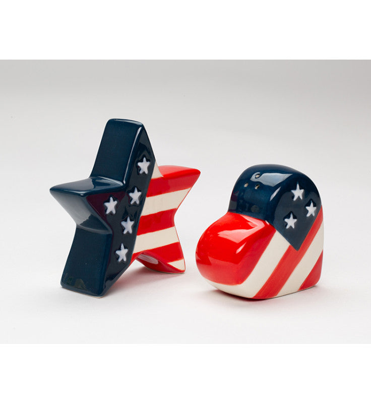 Ceramic Patriotic Flag Salt and Pepper Shakers - Star & Heart Shaped, Gift for Veteran, Patriotic Gift, Independence Day Decor