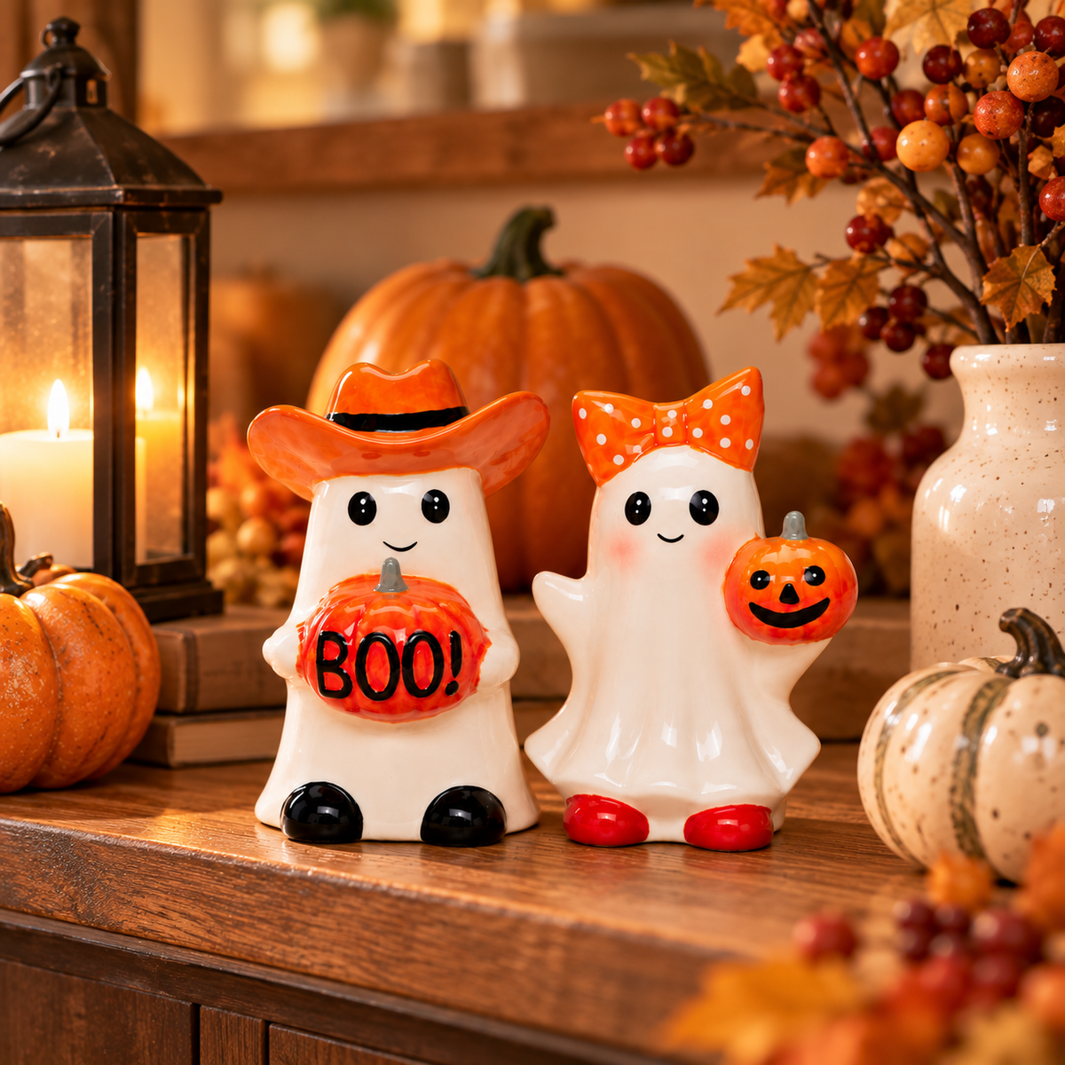 Two ceramic Halloween salt and pepper shakers styled on a wooden table with pumpkins, a candle lantern, and autumn decorations. One shaker is white with a black face, wearing an orange cowboy hat and holding a pumpkin that says 'BOO!'.