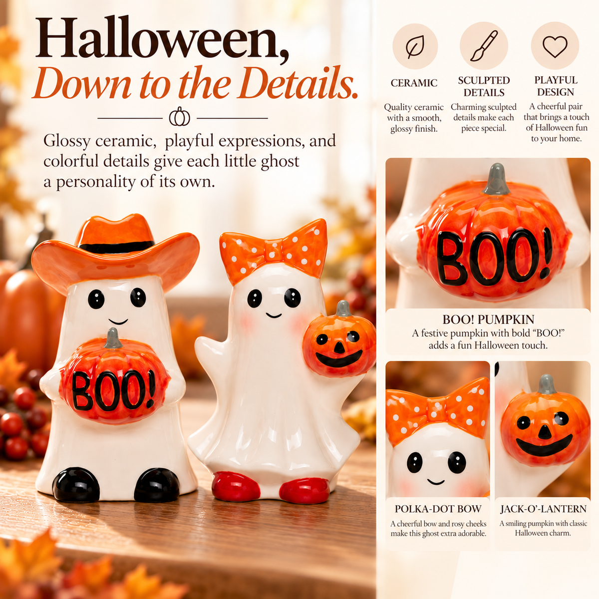 Halloween ceramic ghost ornaments with orange polka-dot bows and small orange jack-o'-lanterns holding 'BOO!' signs, shown with marketing text and detail callouts on a warm autumn background.