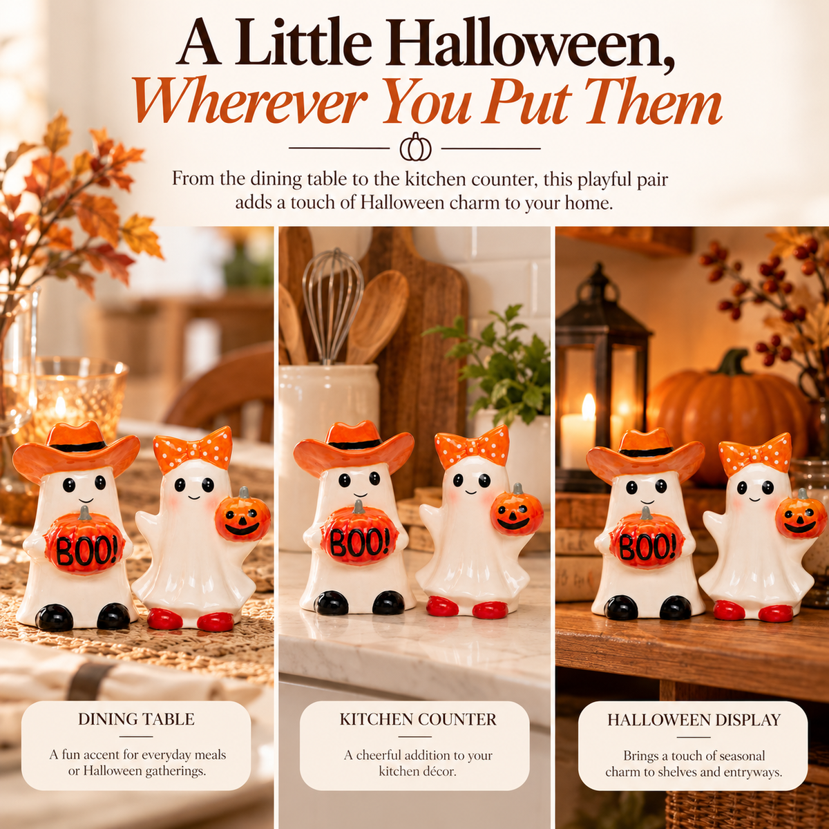 Three panels show a pair of white ghost-shaped ceramic containers decorated with orange hats, orange bows, and orange polka-dot accents, each holding a small jack-o'-lantern and displaying the word BOO. The panels are set in real home environments on a dining table, a kitchen counter, and a holiday display, with promotional text above and below.