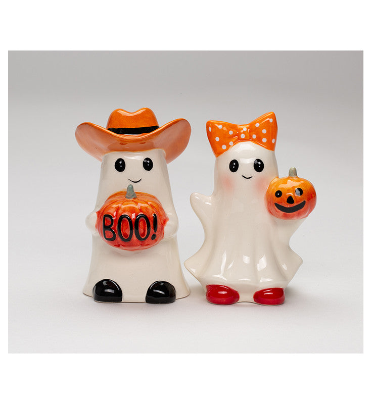 Ceramic Halloween Ghost Cowboy Couple Salt and Pepper Shakers, Fall Kitchen Decor