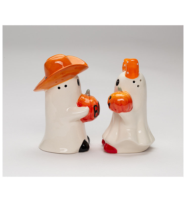 Ceramic Halloween Ghost Cowboy Couple Salt and Pepper Shakers, Fall Kitchen Decor