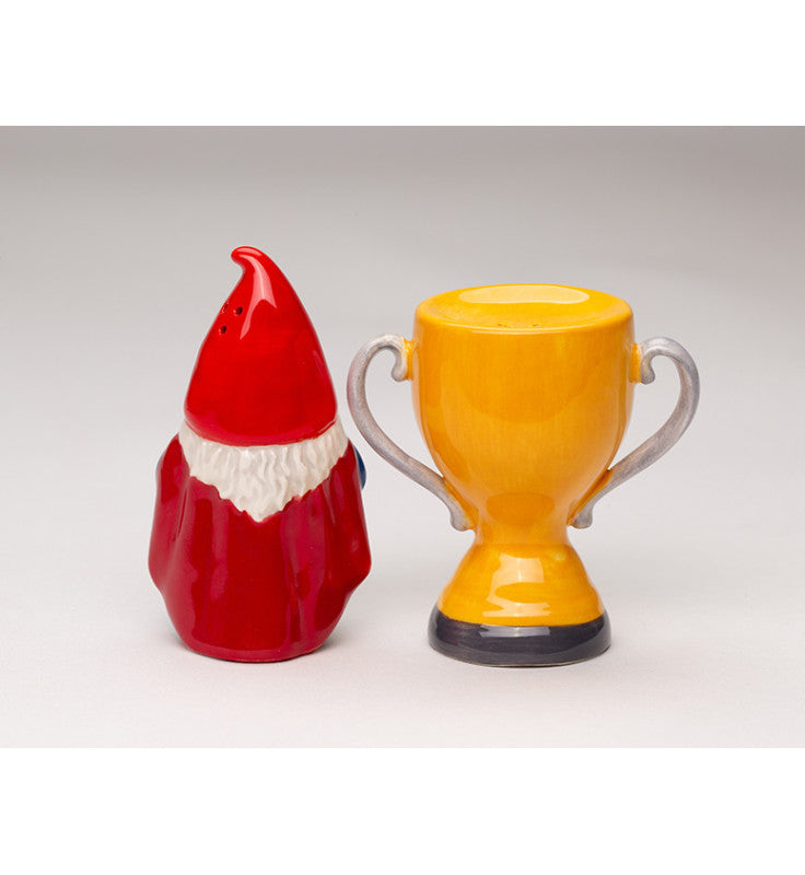 Ceramic Gnome Super Dad and Trophy Salt and Pepper Shakers