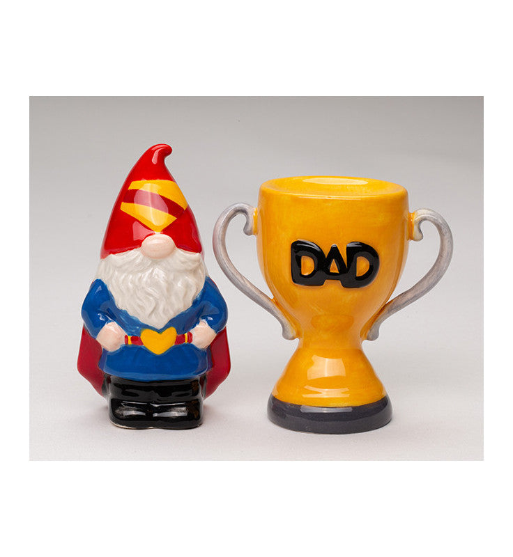 Ceramic Gnome Super Dad and Trophy Salt and Pepper Shakers