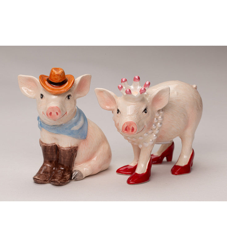 Ceramic Cowboy Pig and Queen Pig Salt and Pepper Shakers