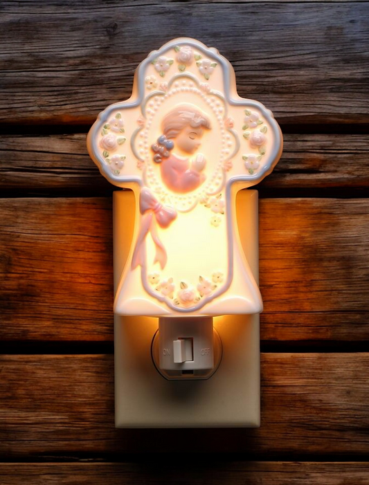 Ceramic Praying Girl on Cross Plug-In Nightlight, Religious Gift or Decor, Baptism Gift