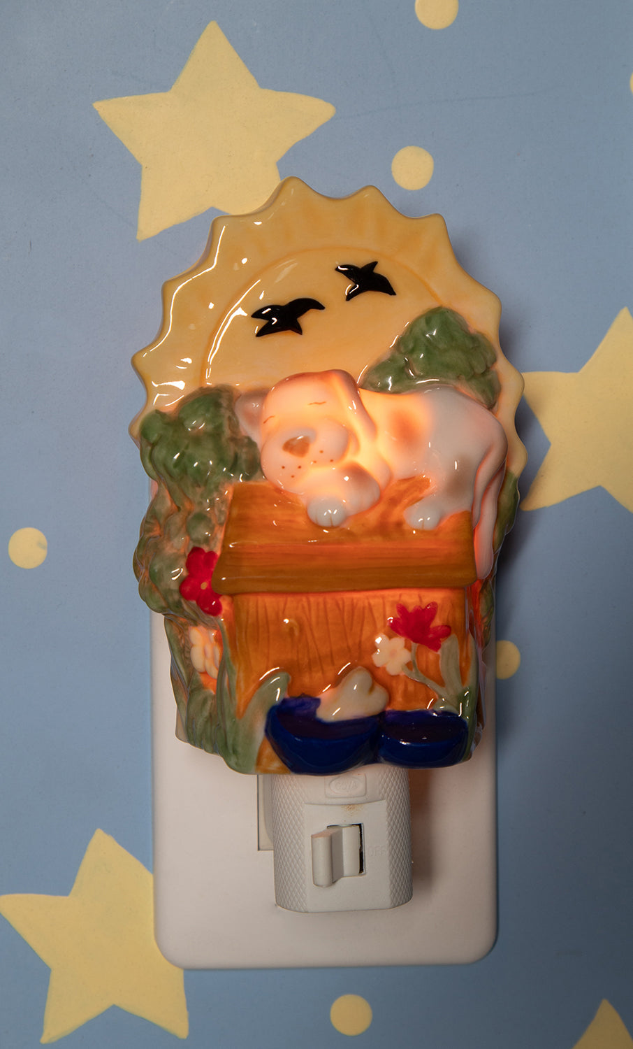 Ceramic Sleeping Dog on Doghouse Plug-In Nightlight, Home Décor, Nursery Room Décor, Baby Registry Gift, Gift for Dog Lover