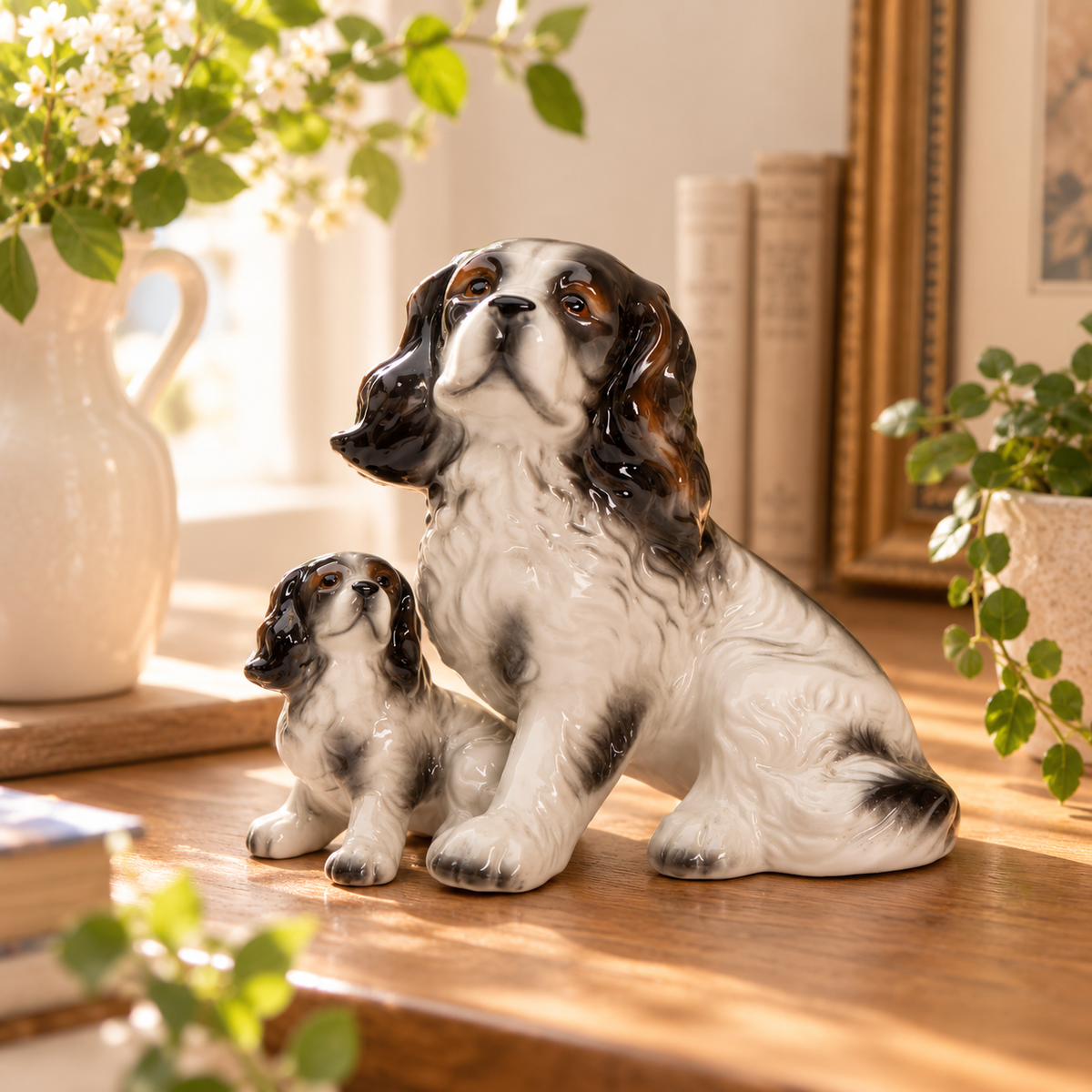 Ceramic Black and White Cocker Spaniel Dog with Puppy Figurine, Gift for Her, Gift for Mom, Kitchen Décor, Dog Lover Gift, Pet Loss Gift