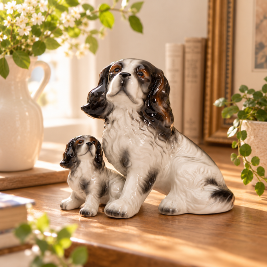 Ceramic Black and White Cocker Spaniel Dog with Puppy Figurine, Gift for Her, Gift for Mom, Kitchen Décor, Dog Lover Gift, Pet Loss Gift