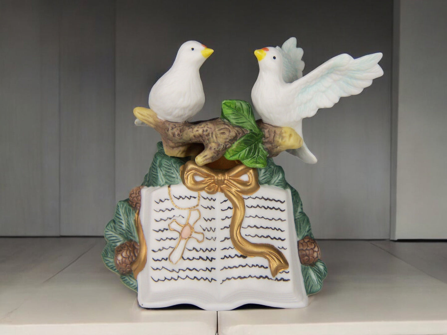 Ceramic Dove Birds with Bible Candle Holder - Set of 4, Religious Decor, Religious Gift