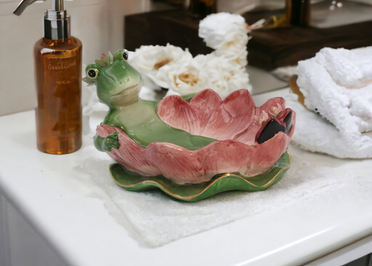 Ceramic Frog in Water Lily Soap Dish, Home Décor, Gift for Her, Mom, Spring Décor, Cottagecore, Nature Lover Gift