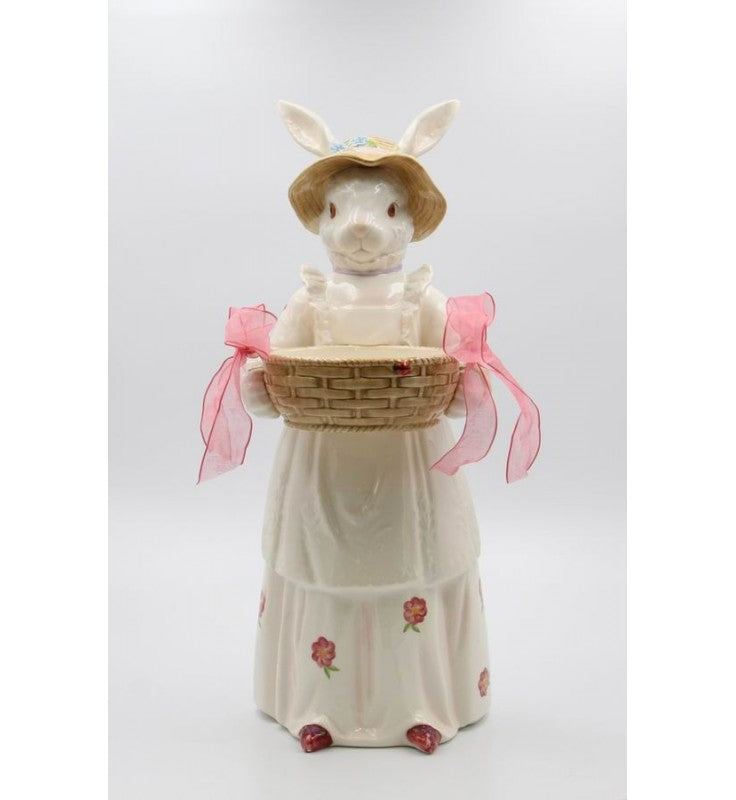 Ceramic Rosy Bunny Rabbit Holding Basket Candy Holder, Easter Decor, Spring Decor, Farmhouse Kitchen Decor