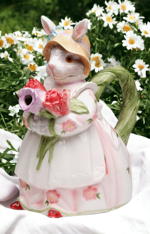 Ceramic Bunny Rabbit Holding Rose Flowers Teapot, Home Décor, Gift for Her, Gift for Mom, Kitchen Décor, Spring Décor, Easter Décor