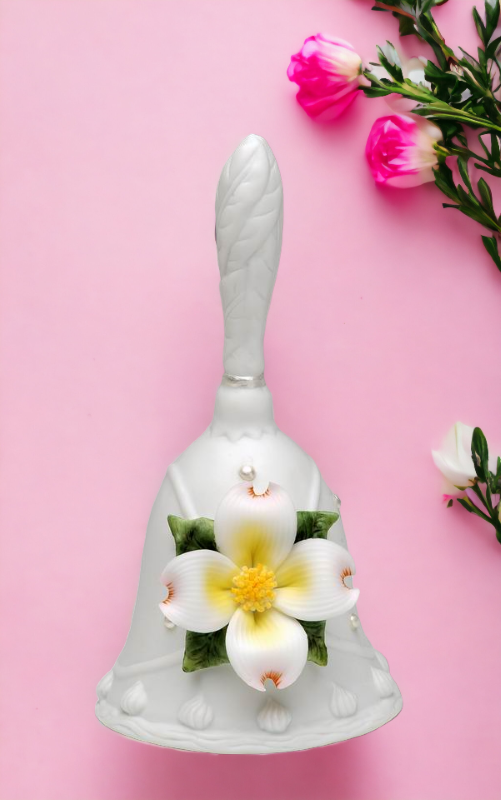 Ceramic Wedding Bell with White Flower, Wedding Décor or Gift, Anniversary Décor or Gift, Home Décor, Vanity Decor