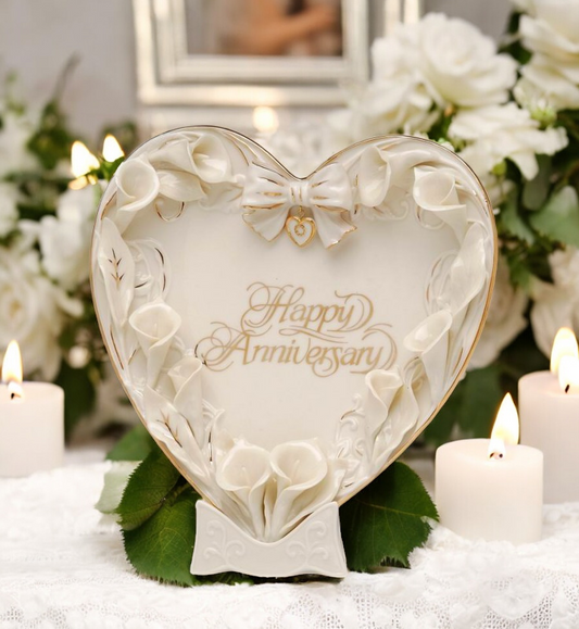 Happy Anniversary - Ceramic Cala Lily Flower Heart Plate and Stand, Anniversary Gift, Gift for Parents