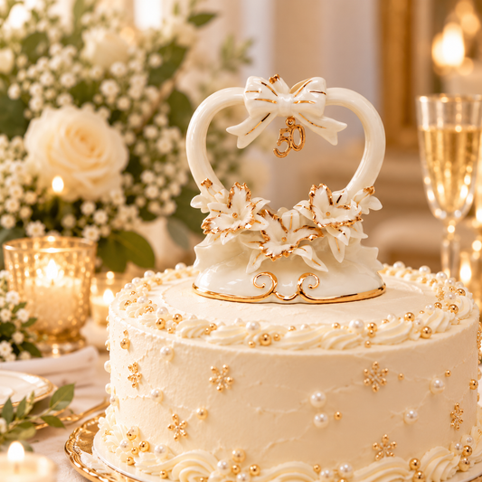 50th Wedding Anniversary Cake Topper – Gold 50 Orchid Ceramic Keepsake, Golden Anniversary Gift