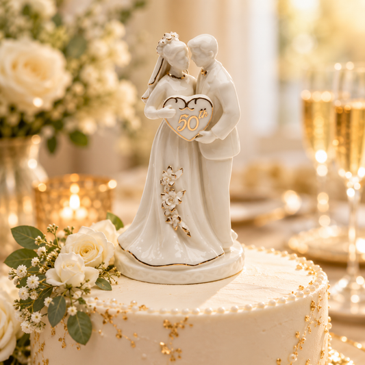50th Wedding Anniversary Cake Topper | Ceramic Golden Anniversary Couple Keepsake