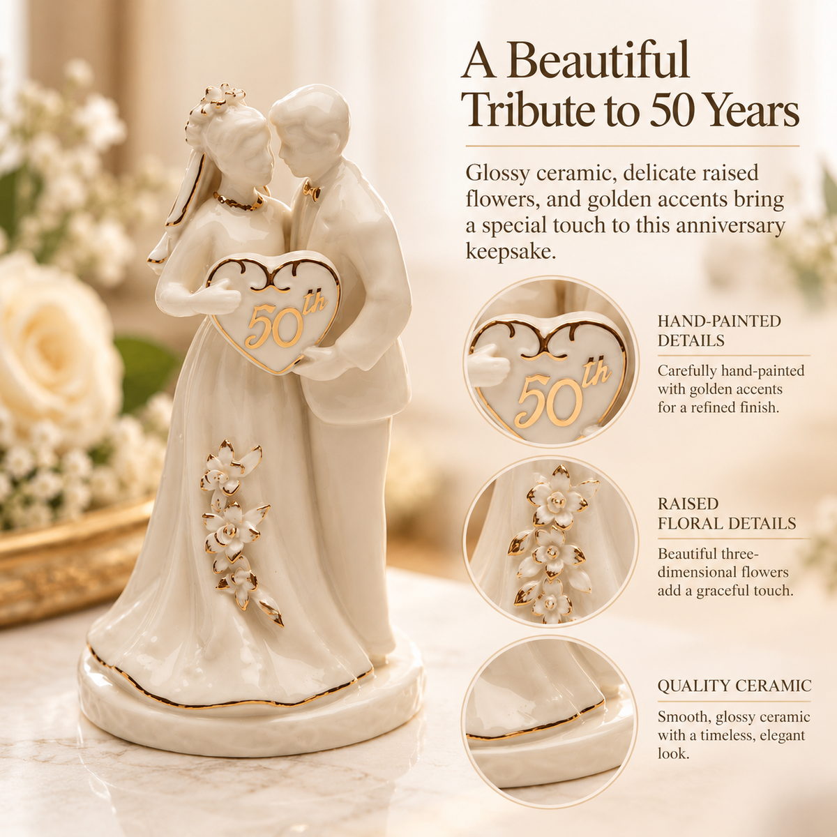 50th Wedding Anniversary Cake Topper | Ceramic Golden Anniversary Couple Keepsake