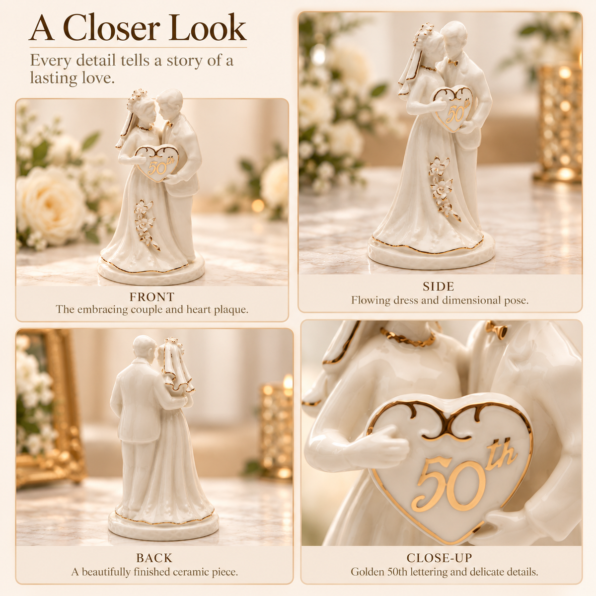 50th Wedding Anniversary Cake Topper | Ceramic Golden Anniversary Couple Keepsake