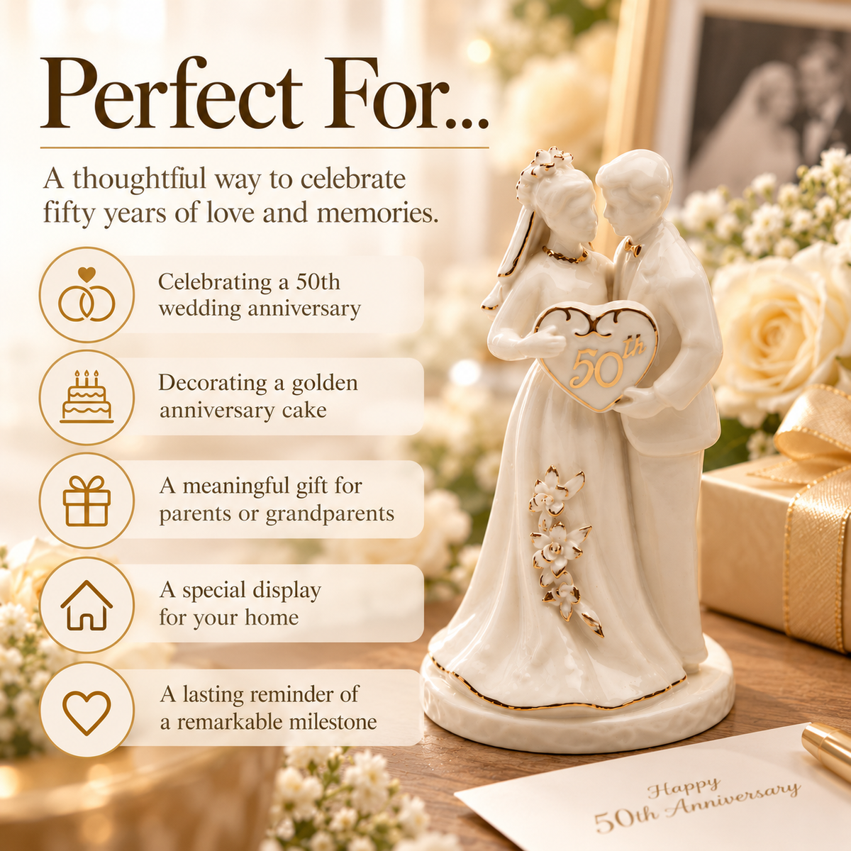 50th Wedding Anniversary Cake Topper | Ceramic Golden Anniversary Couple Keepsake