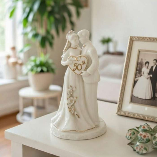 50th Anniversary Milestone-The Golden Wedding Anniversary-Hand Crafted Ceramic Cake Topper with Golden Accents, Anniversary Décor, Anniversary Party Gift, 50th Celebration