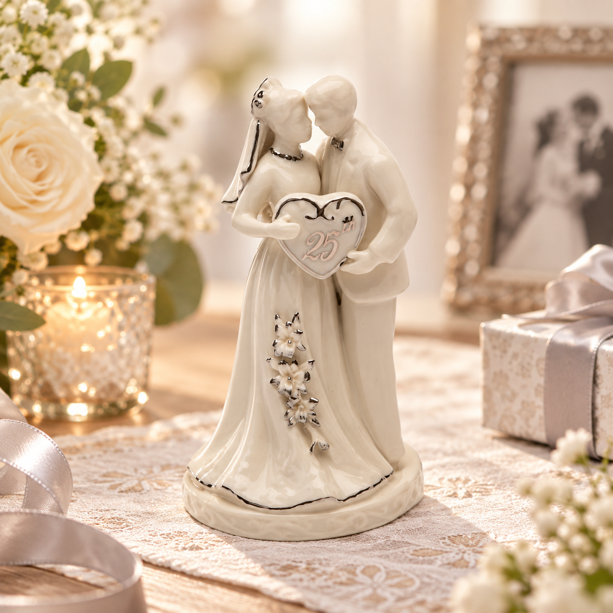 A cream-colored ceramic wedding figurine of a kissing bride and groom holding a heart with '20' on it, styled on a table runner with flowers, a candle, and a gift box in the background.