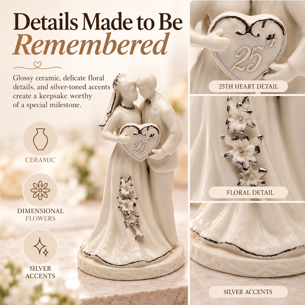 A glossy ceramic wedding figurine of a couple holding a heart-shaped keepsake marked '25th', shown on a light background with feature callouts including ceramic, dimensional flowers, silver accents, and a 25th heart detail.