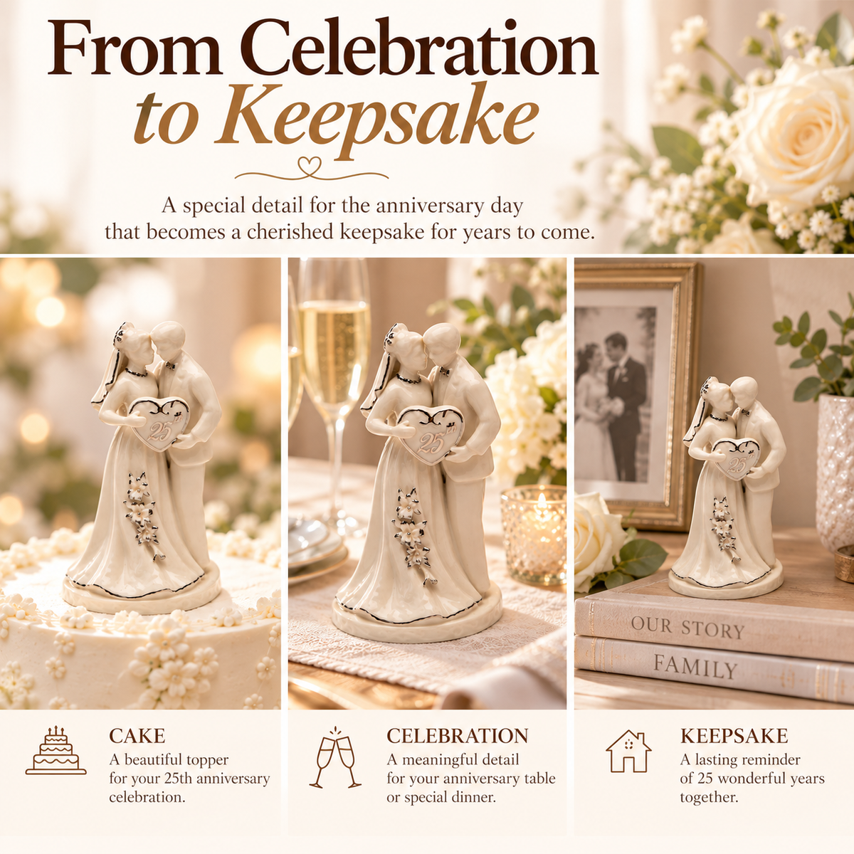 An anniversary keepsake figurine shown in a three-panel promotional layout with the headline 'From Celebration to Keepsake.' The product is a small cream-colored couple figurine holding a heart-shaped box, displayed on a cake, beside champagne glasses, and on books with a framed photo in the background.