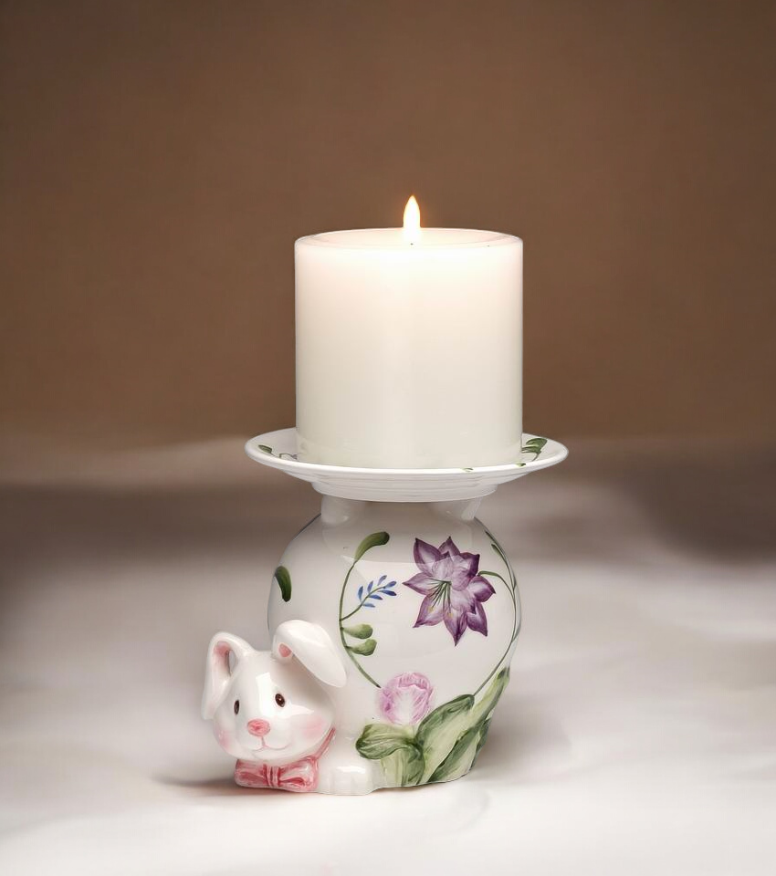 Ceramic Bunny Rabbit Pillar Candle Holder, Home Decor, Vanity Decor, Spring Decor