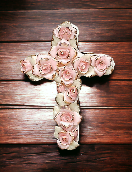 Ceramic Pink Roses Cross Pendant, Religious Décor, Religious Gift, Church Décor, Church Gift, Baptism Gift