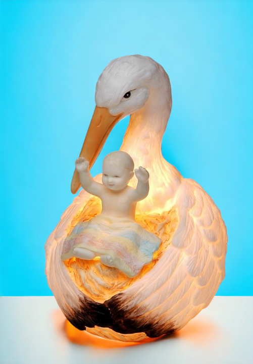 Ceramic Stork Holding Baby Nightlight, Home Décor, Nursery Room Décor, Baby Registry Gift, Gift for New Parents
