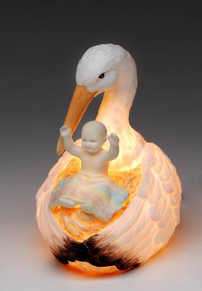 Ceramic Stork Holding Baby Nightlight, Home Décor, Nursery Room Décor, Baby Registry Gift, Gift for New Parents