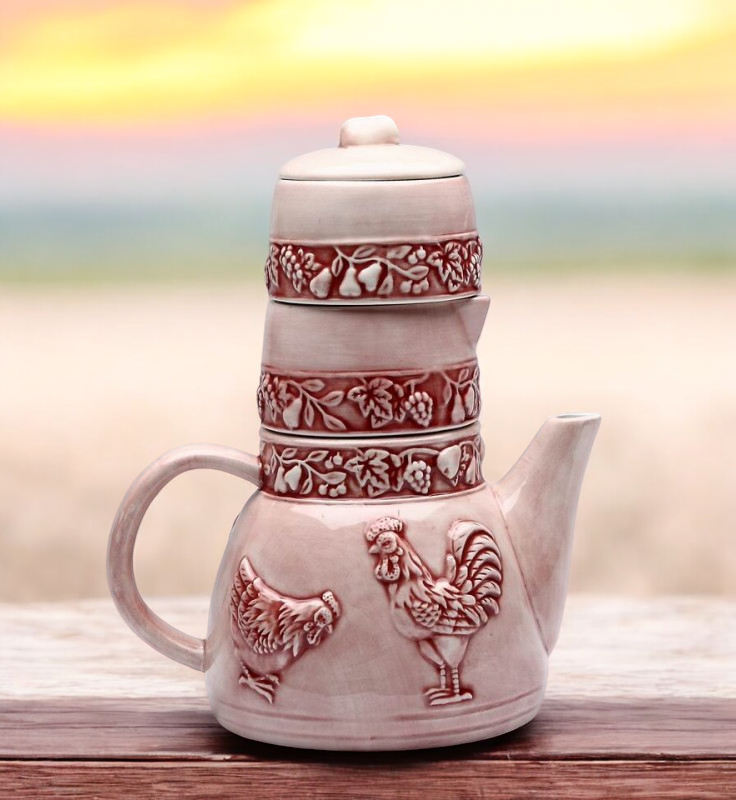 Ceramic Rooster Teapot with Sugar and Creamer Set, Farmhouse Kitchen Decor, Gift for Her