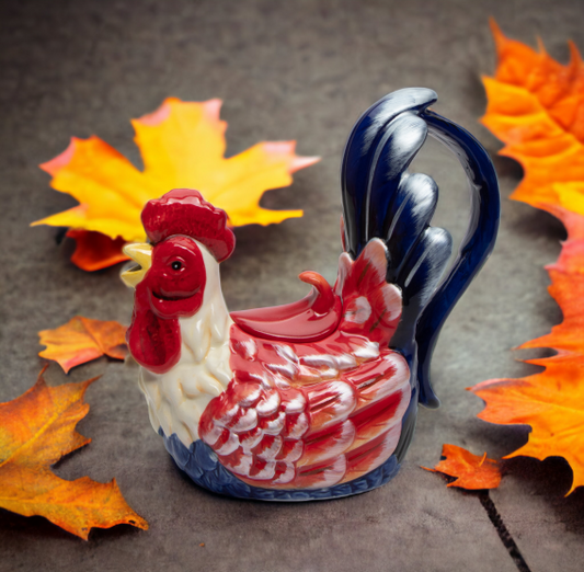 Ceramic Blue and Red Rooster Teapot, Gift for Her, Gift for Mom, Tea Party Décor, Café Décor, Fall Thanksgiving Décor, Farmhouse Décor