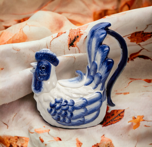 Ceramic Blue and White Rooster Teapot, Gift for Her, Gift for Mom, Tea Party Décor, Café Décor, Fall Thanksgiving Décor, Farmhouse Décor