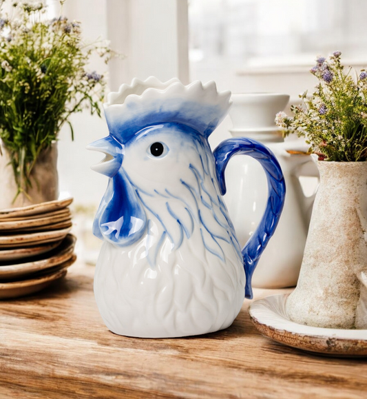 Ceramic Dutch Blue Rooster Pitcher/Vase, Farmhouse Kitchen Decor, Gift for Her, Gift for Mom