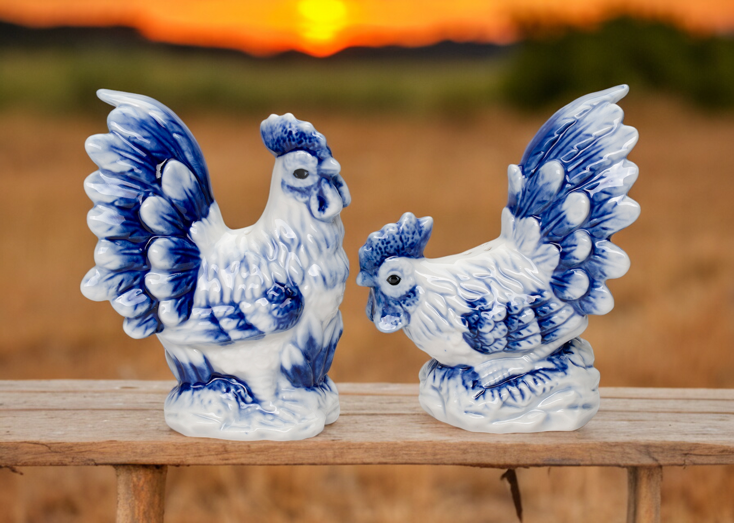 Dutch Blue Ceramic Country Rooster Salt And Pepper Shakers, Farm and Ranch Decor, Gift for Mom