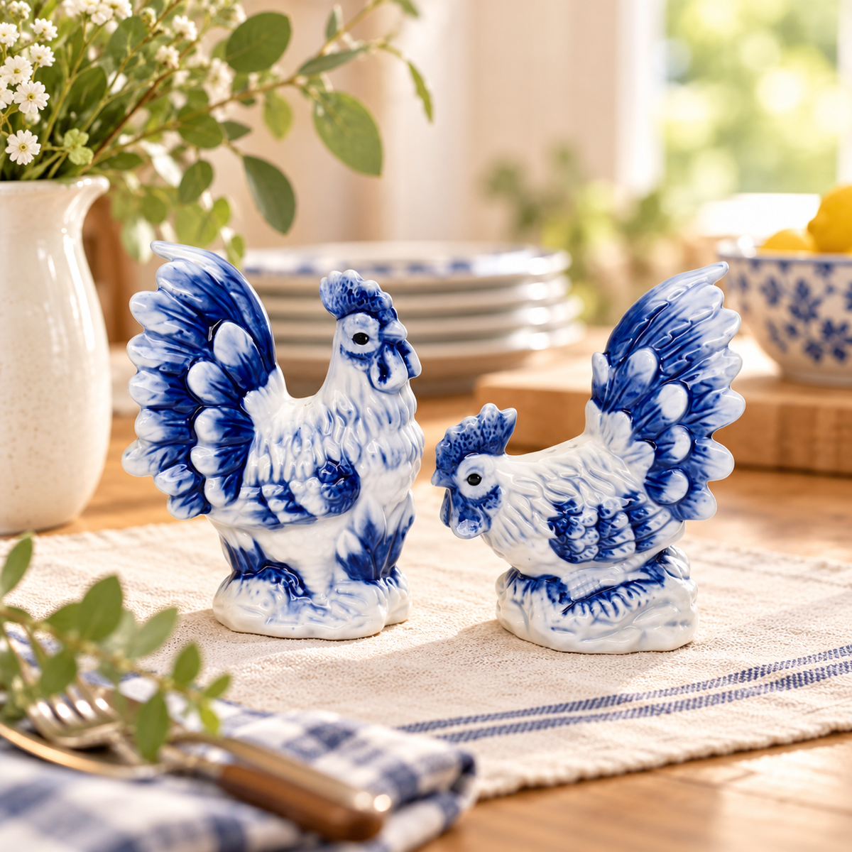 Dutch Blue Rooster & Hen Salt and Pepper Shakers – Blue and White Ceramic Farmhouse Kitchen Décor, Fall Decor, Gift for Mom