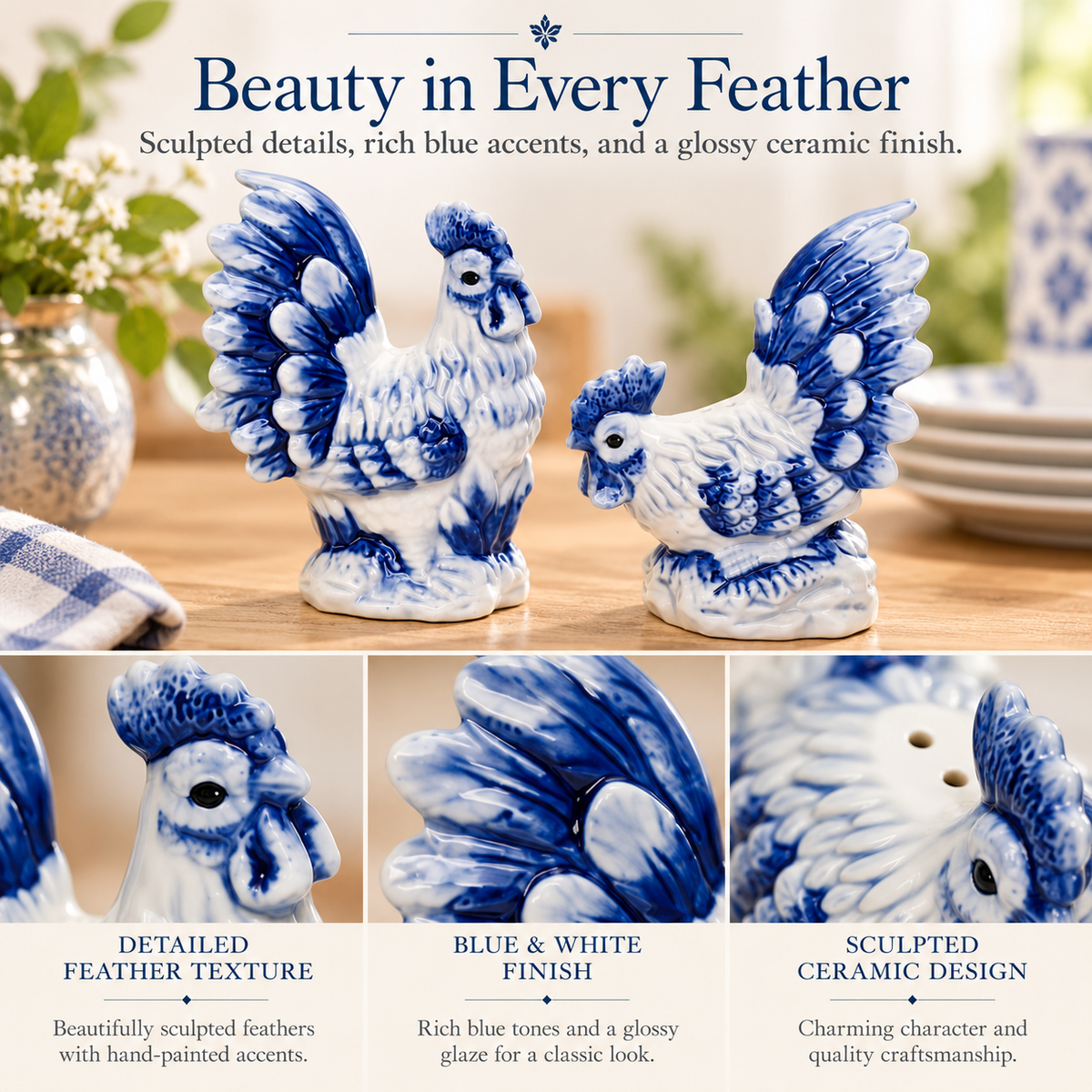 Dutch Blue Rooster & Hen Salt and Pepper Shakers – Blue and White Ceramic Farmhouse Kitchen Décor, Fall Decor, Gift for Mom