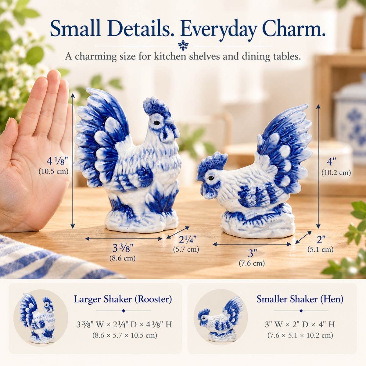 Dutch Blue Rooster & Hen Salt and Pepper Shakers – Blue and White Ceramic Farmhouse Kitchen Décor, Fall Decor, Gift for Mom