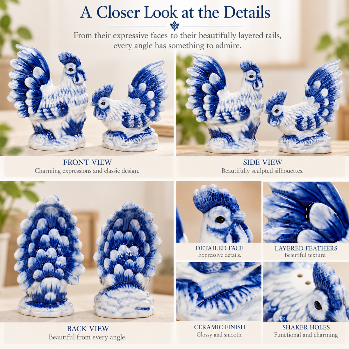Dutch Blue Rooster & Hen Salt and Pepper Shakers – Blue and White Ceramic Farmhouse Kitchen Décor, Fall Decor, Gift for Mom